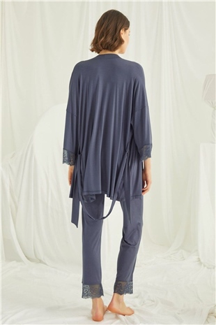 Monamise Kadın Lacivert Hamile Lohusa Sabahlıklı Pijama Takım 18432