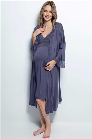 Monamise Kadın Lacivert Hamile Lohusa Sabahlıklı Gecelik Takım 18428