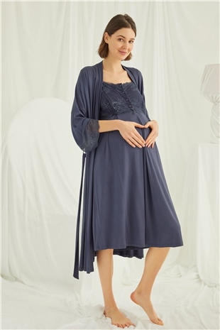 Monamise Kadın Lacivert Hamile Lohusa Sabahlıklı Gecelik Takım 18210