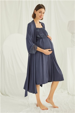 Monamise Kadın Lacivert Hamile Lohusa Sabahlıklı Gecelik Takım 18210