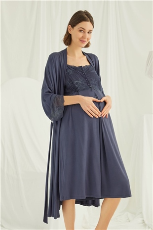 Monamise Kadın Lacivert Hamile Lohusa Sabahlıklı Gecelik Takım 18210