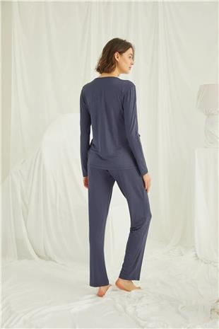 Monamise Kadın Lacivert Omzu Dantelli Önü Boydan Düğmeli Pijama Takımı 18209