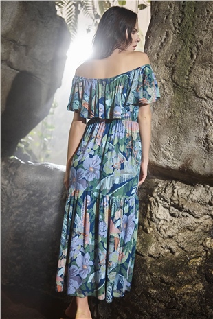 Monamise 21009 Kadın Petrol Mavisi Omzu Açık Volanlı Maxi Elbise