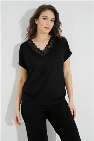 Monamise Kadın Siyah Dantelli V Yakalı Kısa Kol Pijama Takımı 18494