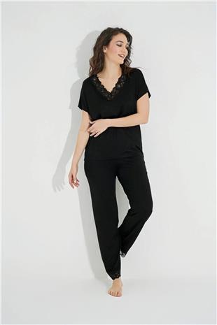 Monamise Kadın Siyah Dantelli V Yakalı Kısa Kol Pijama Takımı 18494