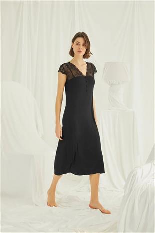 Monamise Kadın Siyah Dantelli Yakası Düğmeli Gecelik 18406