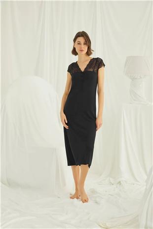 Monamise Kadın Siyah Dantelli Yakası Düğmeli Gecelik 18406