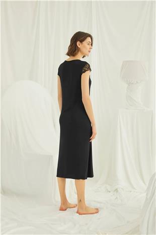 Monamise Kadın Siyah Dantelli Yakası Düğmeli Gecelik 18406