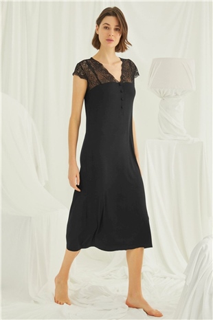 Monamise Kadın Siyah Kısa Kollu Gecelik 18406