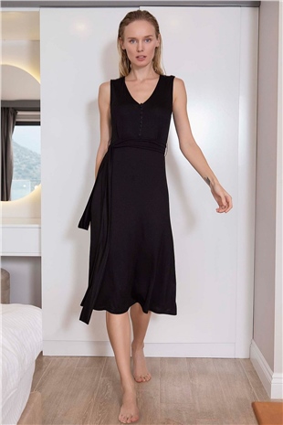 Monamise Kadın Siyah Sıfır Kol Kuşaklı Hamile Elbise 20022Hamile ElbisesiMonamise