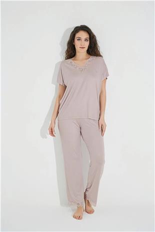 Monamise Kadın Vizon Dantelli V Yakalı Kısa Kol Pijama Takımı 18486