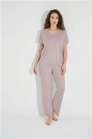Monamise Kadın Vizon Dantelli V Yakalı Kısa Kol Pijama Takımı 18486