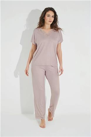 Monamise Kadın Vizon Dantelli V Yakalı Kısa Kol Pijama Takımı 18486