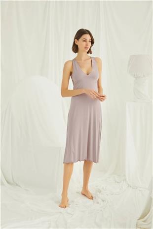 Monamise Kadın Vizon Göğüs ve Sırt Dekoteli Brode Dantelli Yırtmaçlı Gecelik 18442