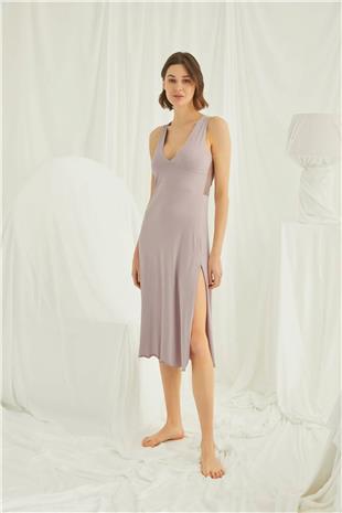 Monamise Kadın Vizon Göğüs ve Sırt Dekoteli Brode Dantelli Yırtmaçlı Gecelik 18442