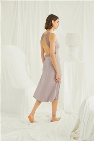 Monamise Kadın Vizon Göğüs ve Sırt Dekoteli Brode Dantelli Yırtmaçlı Gecelik 18442