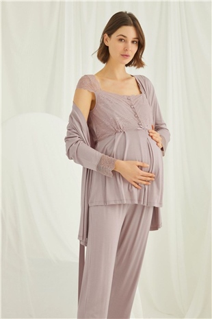 Monamise Kadın Vizon Hamile Lohusa Sabahlıklı Pijama Takım 18441