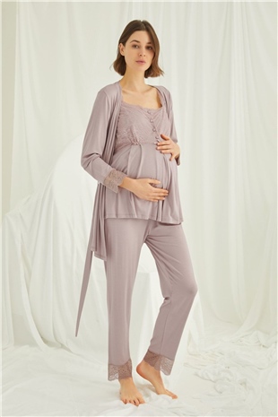 Monamise Kadın Vizon Hamile Lohusa Sabahlıklı Pijama Takım 18441