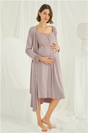 Monamise Kadın Vizon Hamile Lohusa Sabahlıklı Gecelik Takım 18438