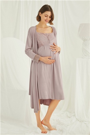 Monamise Kadın Vizon Hamile Lohusa Sabahlıklı Gecelik Takım 18438