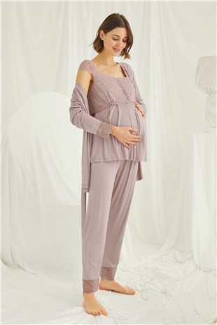 Monamise Kadın Vizon Hamile Lohusa Sabahlıklı Pijama Takım 18441