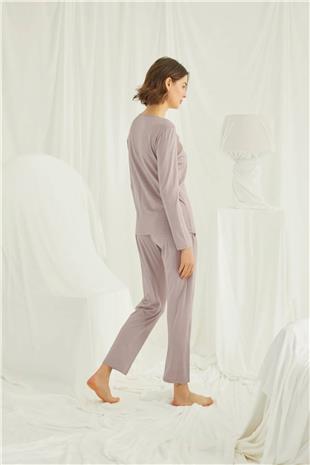 Monamise Kadın Vizon Omzu Dantelli Önü Boydan Düğmeli Pijama Takımı 18434