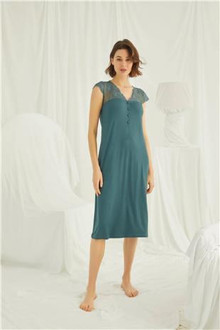 Monamise Kadın Yeşil Dantelli Yakası Düğmeli Gecelik 19304