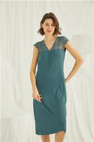Monamise Kadın Yeşil Dantelli Yakası Düğmeli Gecelik 19304