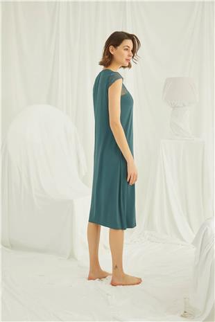 Monamise Kadın Yeşil Dantelli Yakası Düğmeli Gecelik 19304