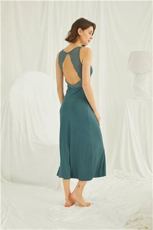 Monamise Kadın Yeşil Göğüs ve Sırt Dekoteli Brode Dantelli Yırtmaçlı Gecelik 19300