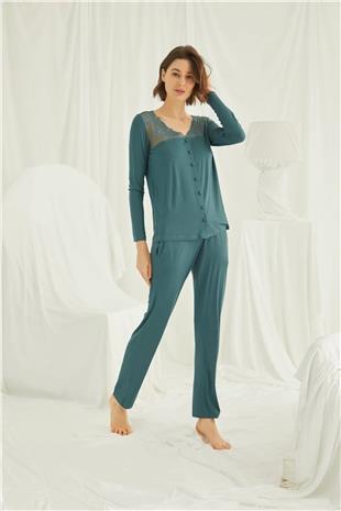 Monamise Kadın Yeşil Omzu Dantelli Önü Boydan Düğmeli Pijama Takımı 19307