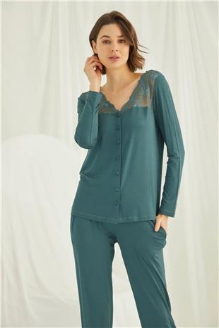 Monamise Kadın Yeşil Omzu Dantelli Önü Boydan Düğmeli Pijama Takımı 19307
