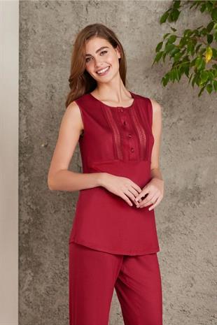 Pierre Cardin 2800 Kadın Bordo Dantelli Penye 3lü Sabahlıklı Pijama Takım