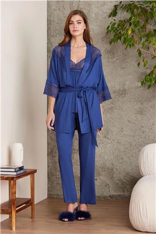 Pierre Cardin 2820 Lacivert Dantelli Penye 3lü Kadın Şortlu Pijama Takımı
