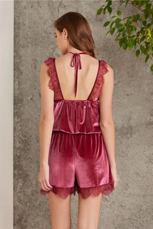 Pierre Cardin 4800 Kadın Bordo Şifon Sabahlık Dantelli Kadife Tulum Takım