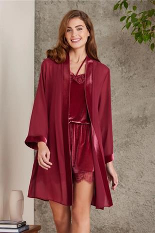 Pierre Cardin 4800 Kadın Bordo Şifon Sabahlık Dantelli Kadife Tulum Takım