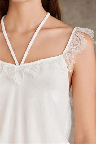 Pierre Cardin 4800 Kadın Ekru Şifon Sabahlık Dantelli Kadife Tulum Takım