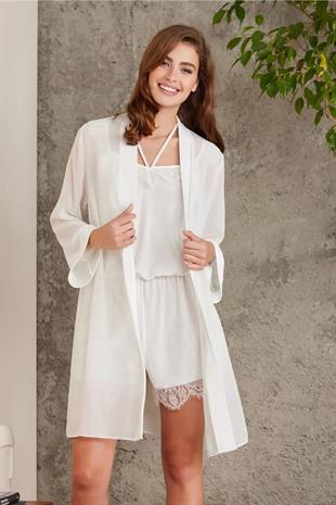 Pierre Cardin 4800 Kadın Ekru Şifon Sabahlık Dantelli Kadife Tulum Takım