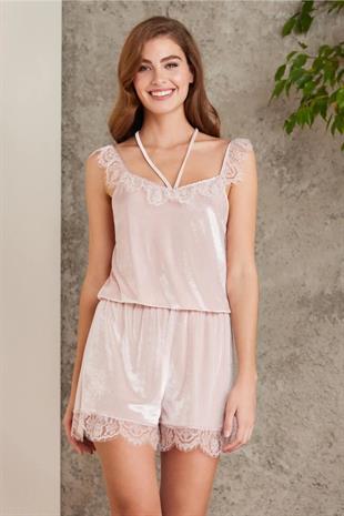 Pierre Cardin 4800 Kadın Pudra Şifon Sabahlık Dantelli Kadife Tulum Takım