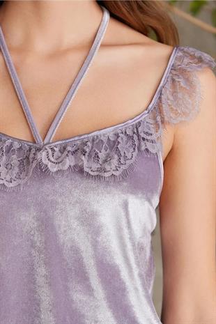 Pierre Cardin 4800 Kadın Royal Şifon Sabahlık Dantelli Kadife Tulum Takım