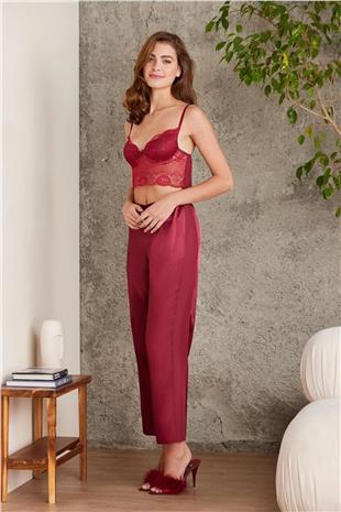 Pierre Cardin 7025 Kadın Bordo 4lü Saten Takım Gelin Çeyiz Seti