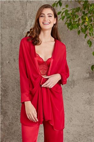 Pierre Cardin 7025 Kadın Kırmızı 4lü Saten Takım Gelin Çeyiz Seti