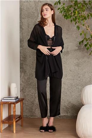 Pierre Cardin 7025 Kadın Siyah 4lü Saten Takım Gelin Çeyiz Seti