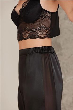 Pierre Cardin 7025 Kadın Siyah 4lü Saten Takım Gelin Çeyiz Seti