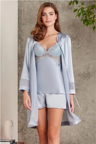 Pierre Cardin 7035 Kadın Mist Gelin Çeyiz Seti 4lü Saten Sabahlık Gecelik Şortlu Takım