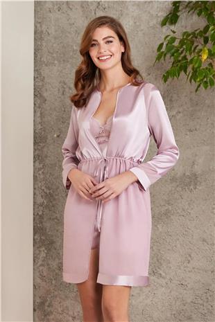 Pierre Cardin 7035 Kadın Rose Gelin Çeyiz Seti 4lü Saten Sabahlık Gecelik Şortlu Takım