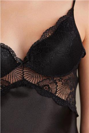 Pierre Cardin 7035 Kadın Siyah Gelin Çeyiz Seti 4lü Saten Sabahlık Gecelik Şortlu Takım