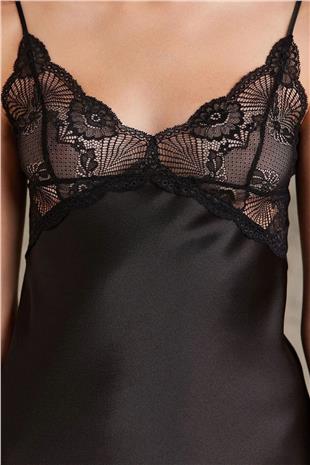 Pierre Cardin 7035 Kadın Siyah Gelin Çeyiz Seti 4lü Saten Sabahlık Gecelik Şortlu Takım