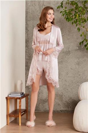 Pierre Cardin 7045 Kadın Pudra Bride Sabahlık Gecelik Şort Takım Saten 4lü Gelin Çeyiz Seti