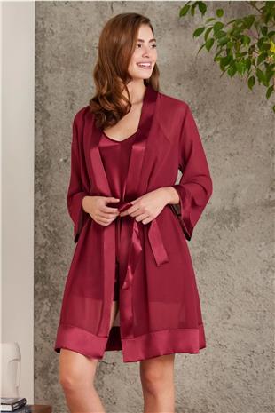 Pierre Cardin 7085 Kadın Bordo Gelin Çeyiz Seti 4lü Saten Sabahlık Gecelik Şortlu Takım